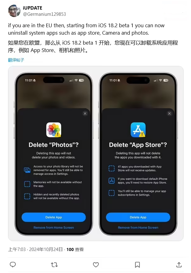 阳新苹果手机维修分享iOS 18.2 支持删除 App Store 应用商店 